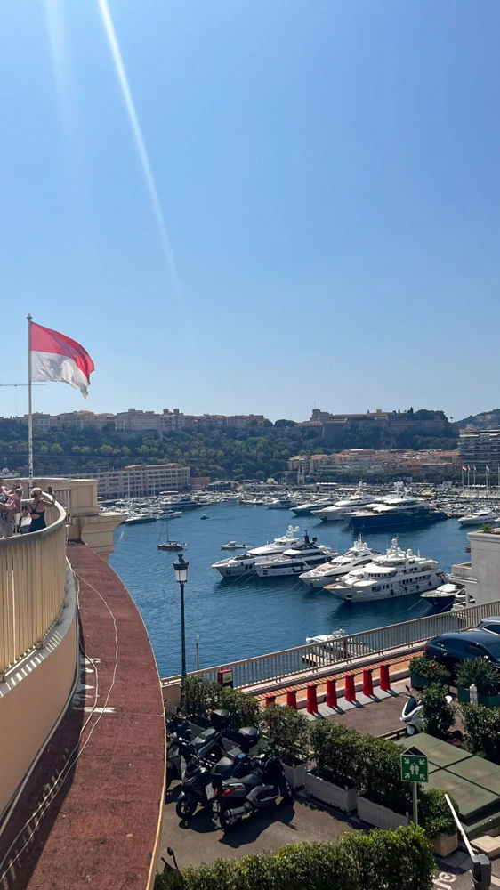 Le port de Monaco depuis une terrasse, drapeau au vent et yachts alignés.